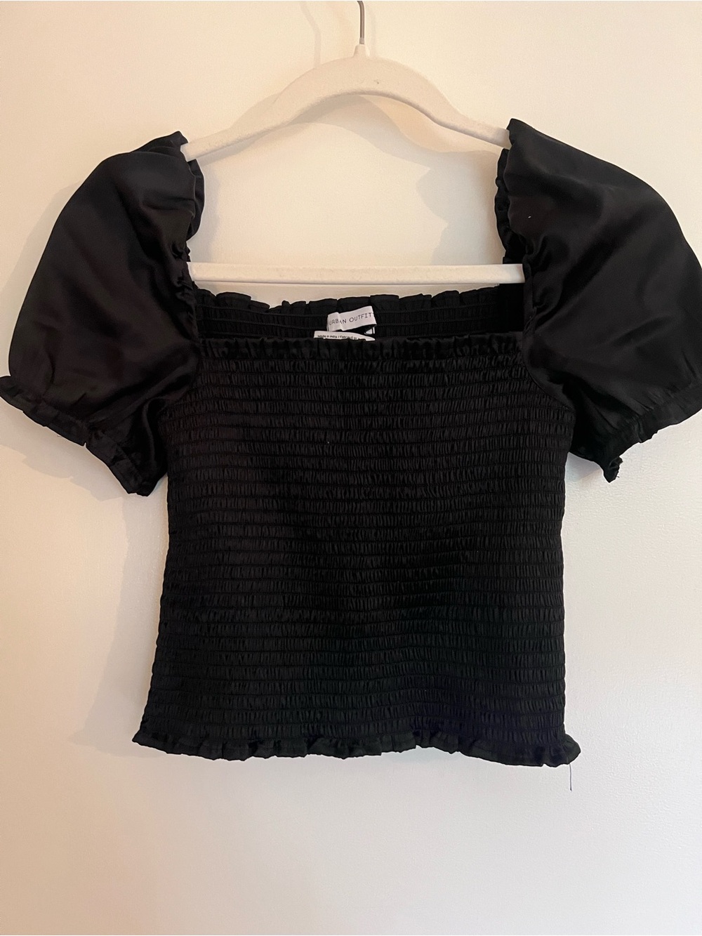 Urban Outfitters Black Smocked Puff-Sleeve Crop Top